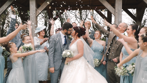 Bride and Groom confetti Throw at their chosen venue Trevenna Barns, so they could add personal touches to their wedding day