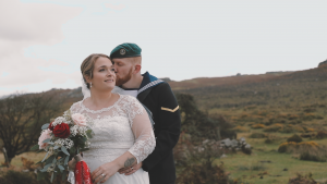 Bride & Groom hugging during wedding video in Devon, Dartmoor, The Edgemoor Hotel