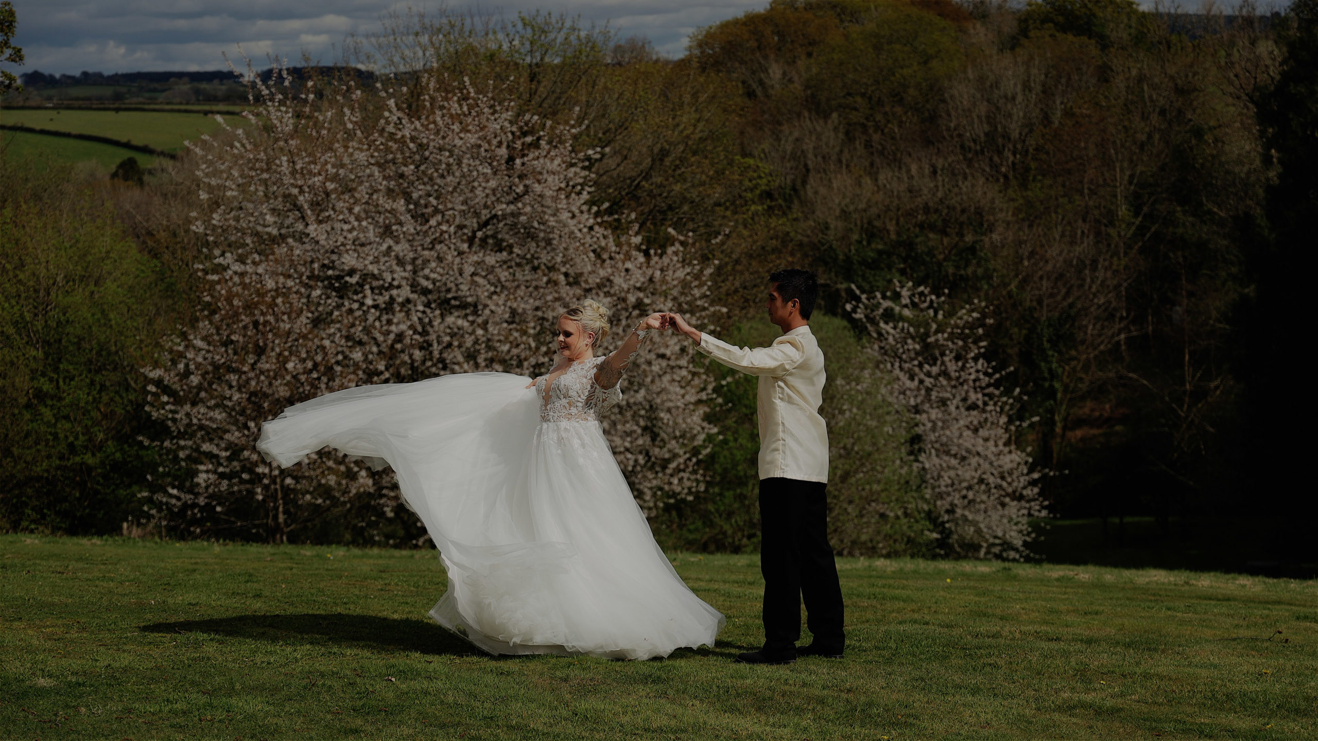Bride & Groom having a romantic dance outside at The Green wedding venue